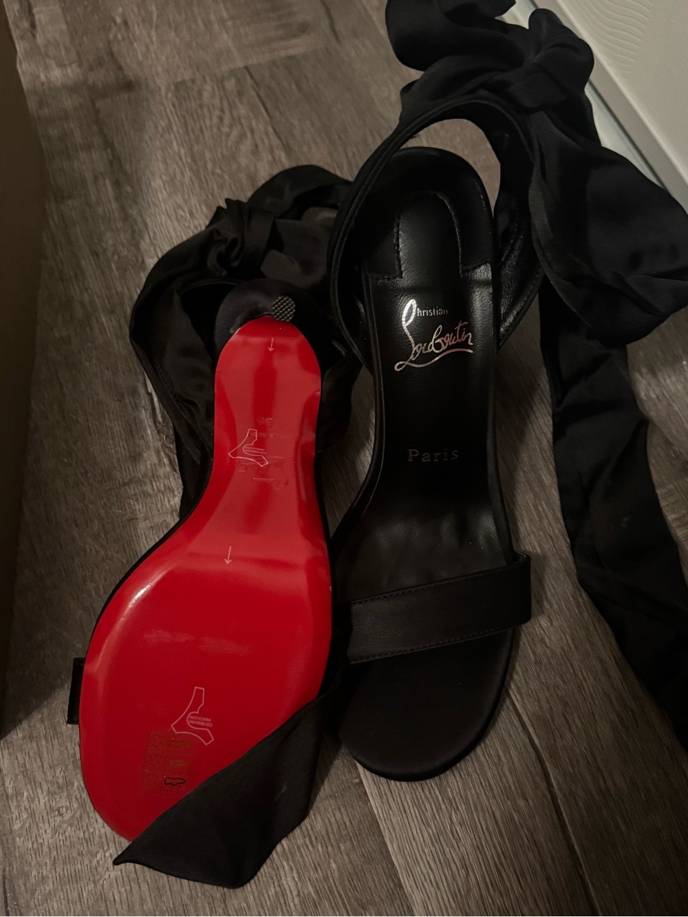 Christian Louboutin Black Satin Heels with Red Sole - Picture 2 of 4